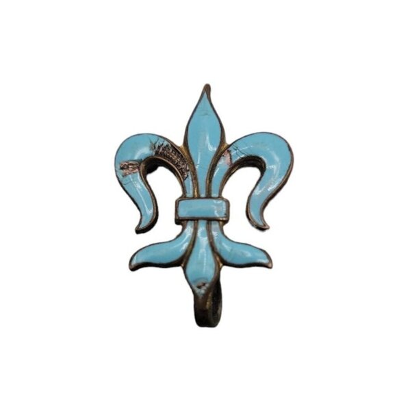 Victorian Antique Fleur-de-lis Pin Watch Holder Blue Enamel & Brass - Picture 3 of 8